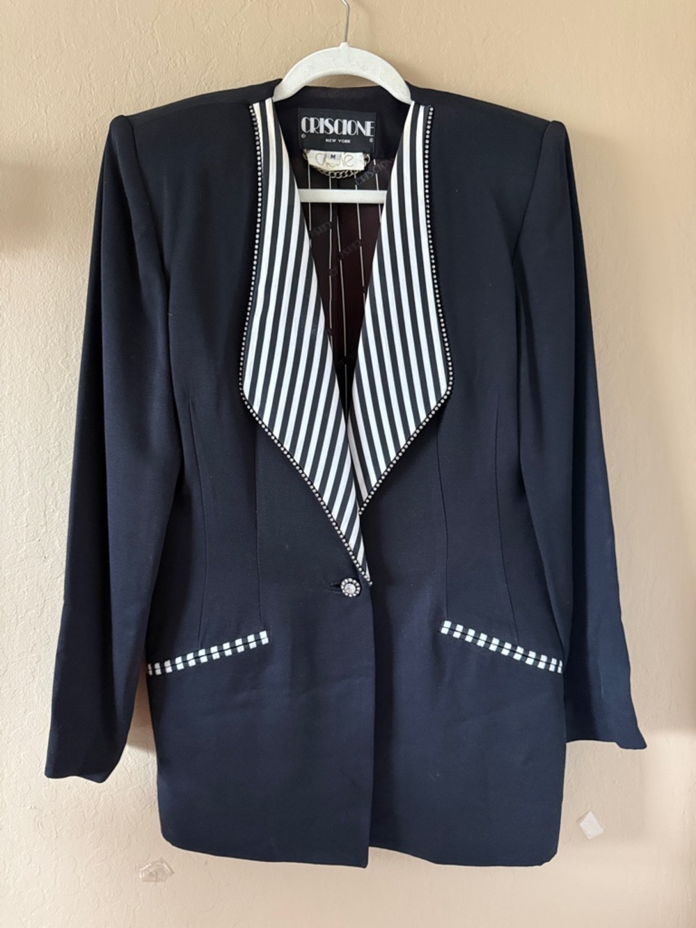 Criscione Vintage Cache 80s 90s Black Blazer Striped Contrast Lapel Rhinestone M - Picture 3 of 17